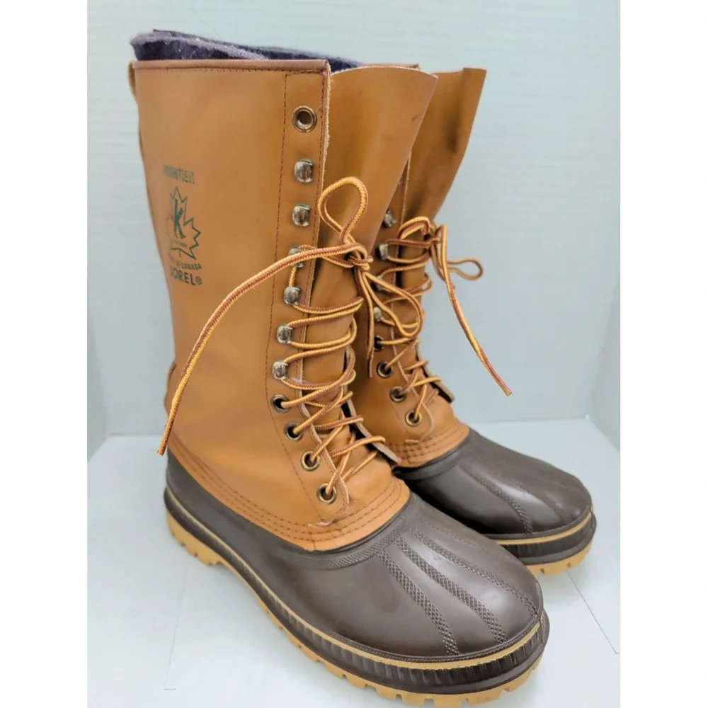 Sorel Frontier Boots Brown Rubber Leather Made in Canada Wool Insulated Tall Sz8